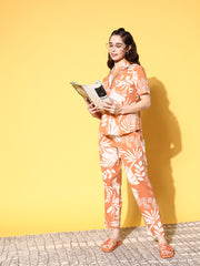 Orange Cotton Printed Night Suit Set with Payjama