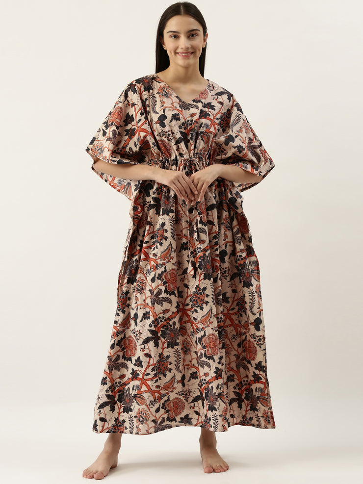 Cream Cotton Printed Kaftan Maxi Dress