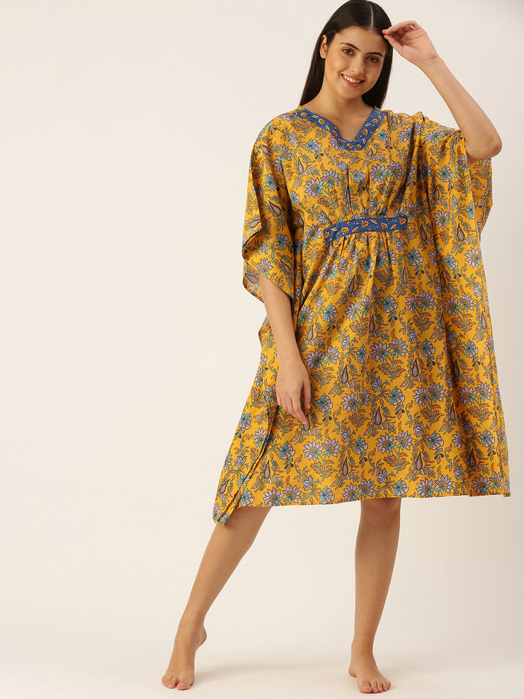 Mustard Yellow Pure Cotton Floral Printed Kaftan Nightdress