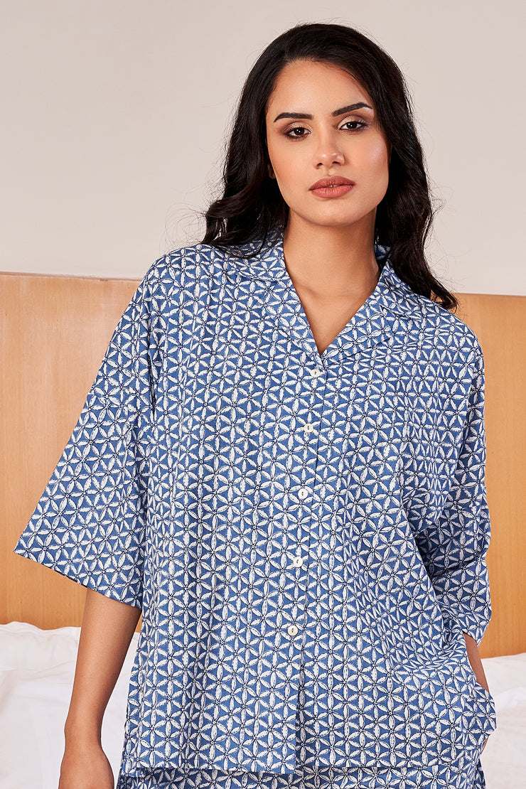 Blue PRINTED loose fit Night Suit Set