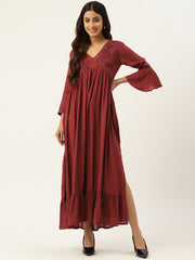 Floral Embroidered Bell Sleeves Tiered Dress With Slit Detail