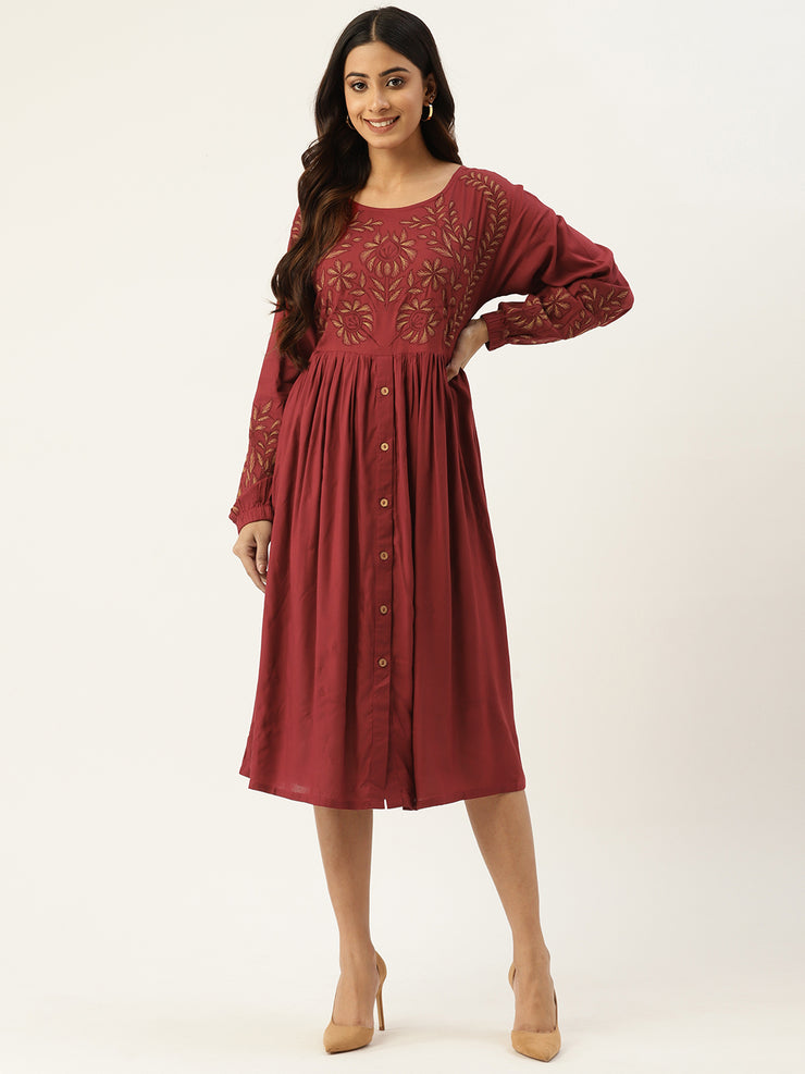 Floral Embroidered Extended Sleeves Dress