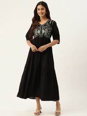 Geometric Embroidered Puff Sleeves Ethnic Dress