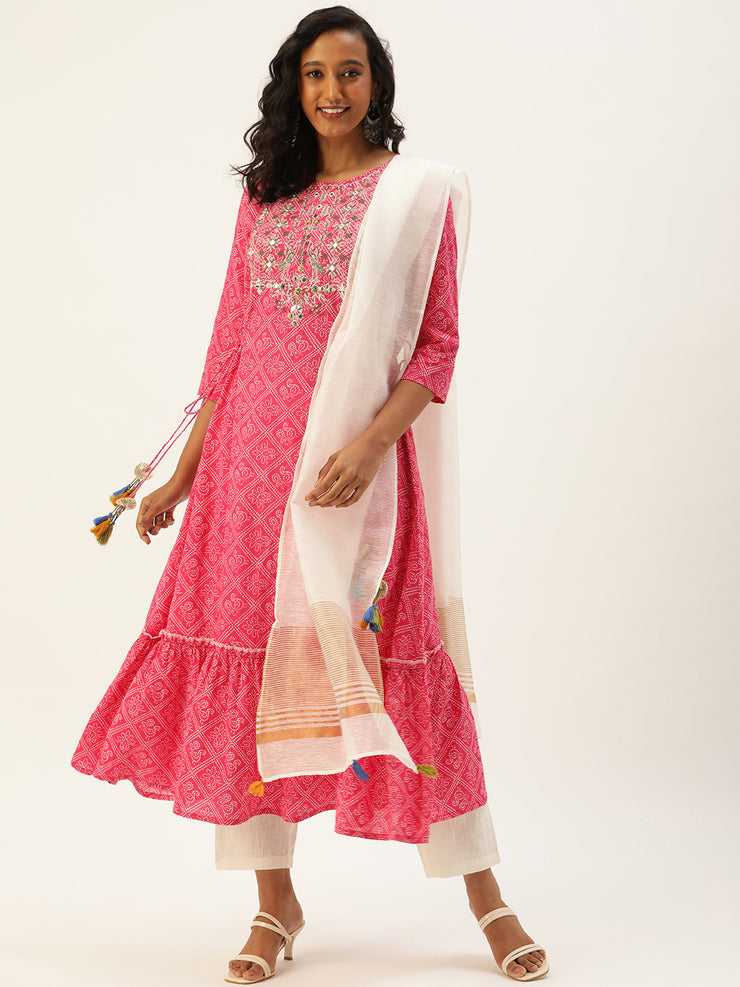 White colour long kurti with full-length pink dupatta - Kurti Fashion