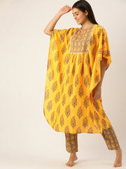 Women Yellow & Brown Pure Cotton Ethnic Motifs Printed Kaftan With Pyjama