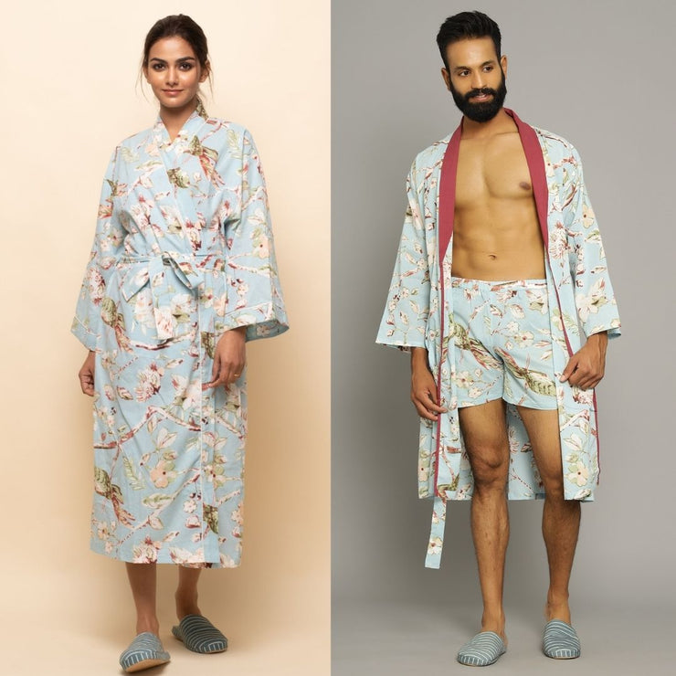 Sky blue Cotton Hand printed Couple kimono robe