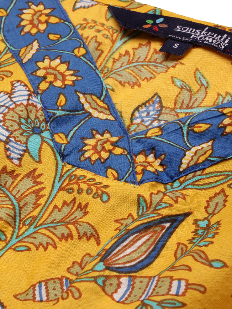 Mustard Yellow Pure Cotton Floral Printed Kaftan Nightdress