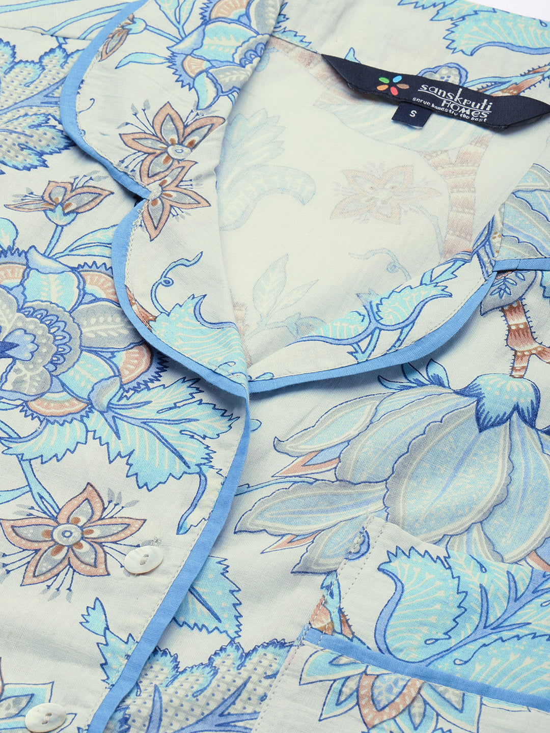 WHITE & Blue FULL SLEEVES Printed Cotton Night suit