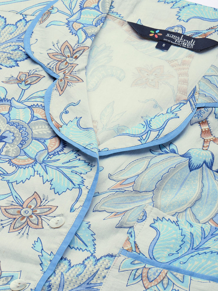 Grey & Blue Printed Cotton Night suit