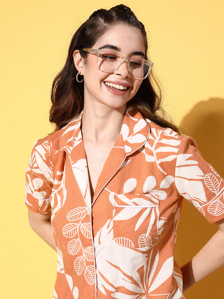 Orange Cotton Printed Night Suit Set with Payjama