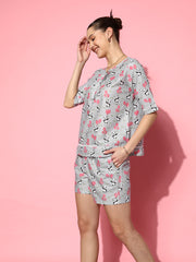 Women Grey & Pink Pure Cotton Panda Printed Night Suit Set