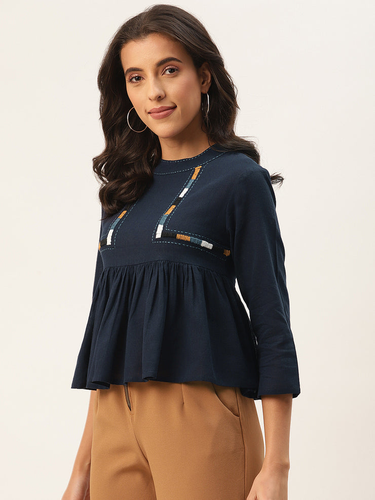 Navy Blue Indigo Peplum Cotton Top