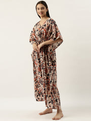 Cream Cotton Printed Kaftan Maxi Dress