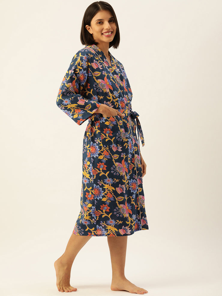 BLUE Multi-colour Pure Cotton kimono robe