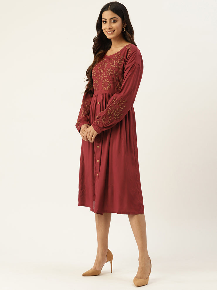 Floral Embroidered Extended Sleeves Dress