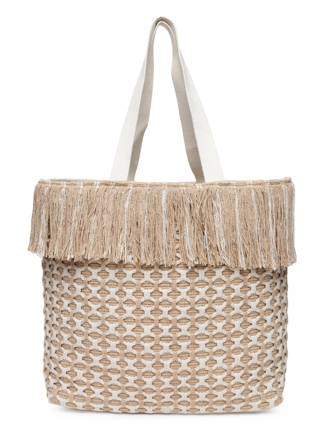 Beige Tasseled Hand Woven Tote Bag