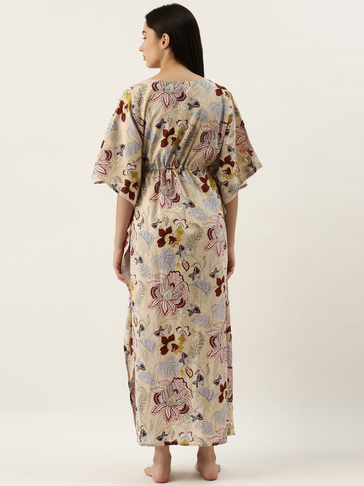 Cream Printed Crepe Kaftan Maxi Dress with Belt