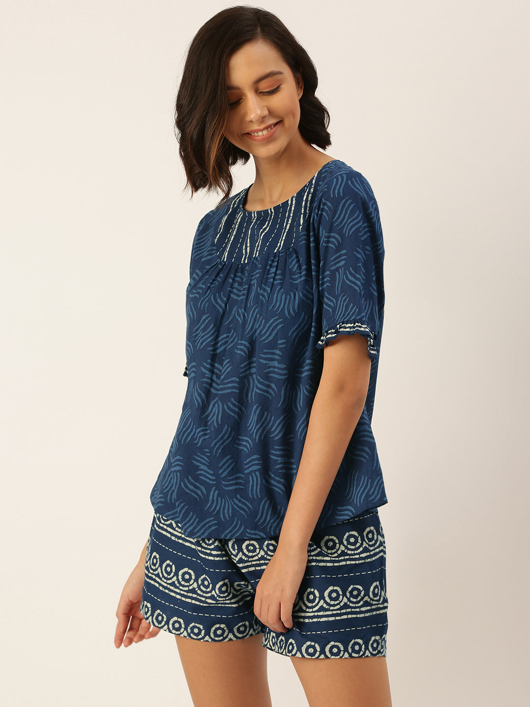 Women Abstract Blue Pure Cotton Printed night Suit Set