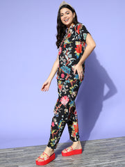 Black Cotton Printed Night Suit Set with Pajama