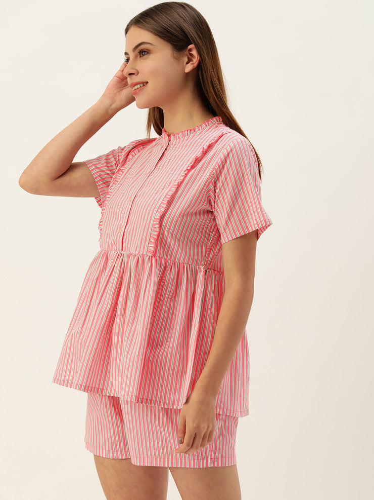 Women Pink and White Striped Flared Top With Shorts Night suit Set