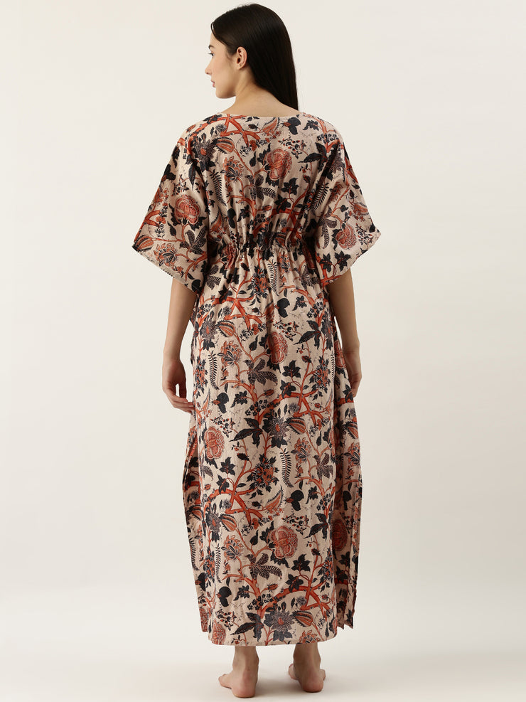 Cream Cotton Printed Kaftan Maxi Dress