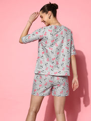 Women Grey & Pink Pure Cotton Panda Printed Night Suit Set