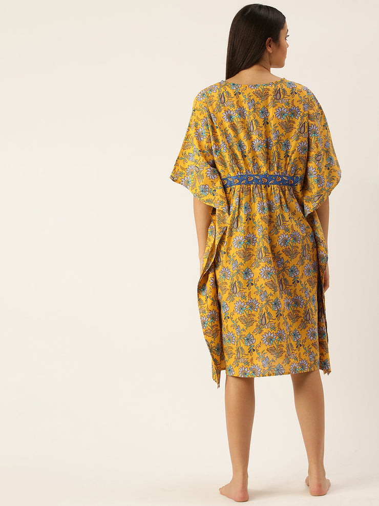 Mustard Yellow Pure Cotton Floral Printed Kaftan Nightdress