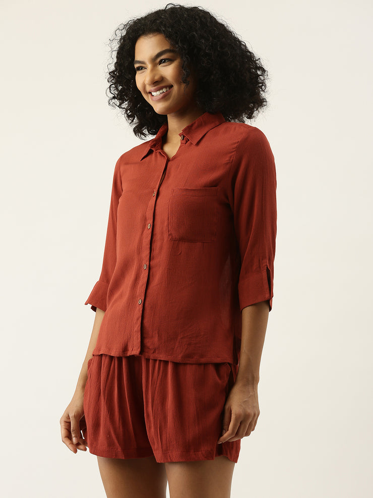 Women Rayon Solid Night Suit With Shorts In Rust Colour