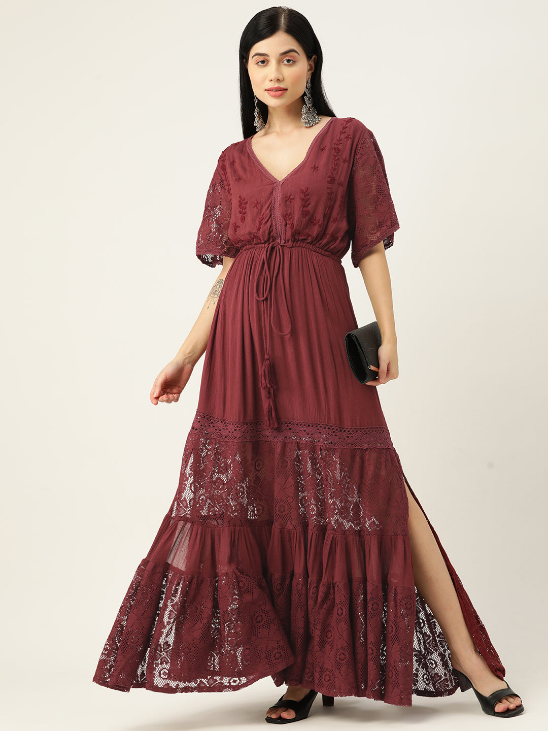 Maroon Fit & Flare Maxi Dress