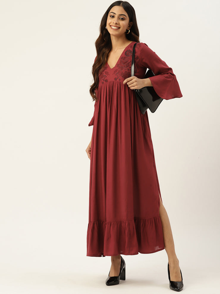 Floral Embroidered Bell Sleeves Tiered Dress With Slit Detail