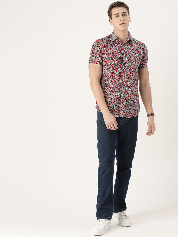 Red & Blue Cotton Printed Shirt