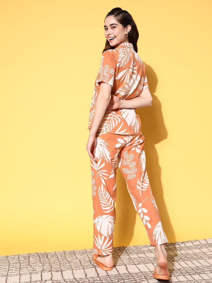 Orange Cotton Printed Night Suit Set with Payjama