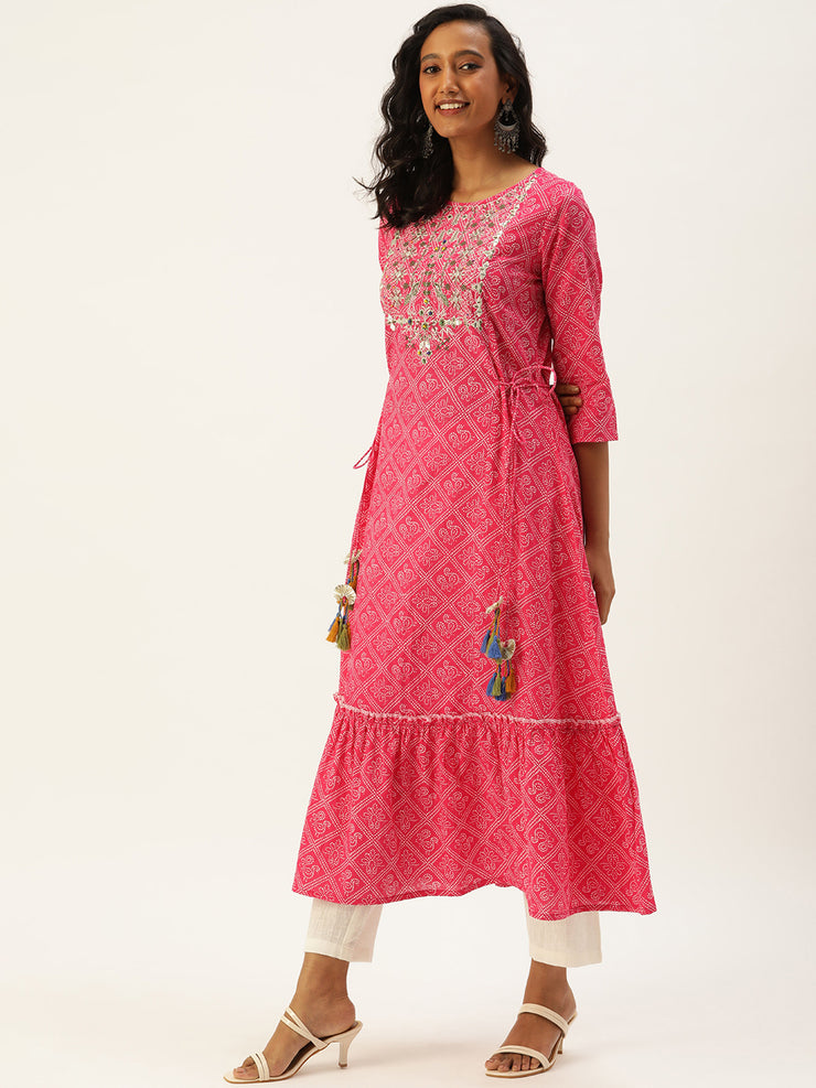 Rang Deep Pink Bhandej Print Cotton Set of Kurti With Pant & Dupatta