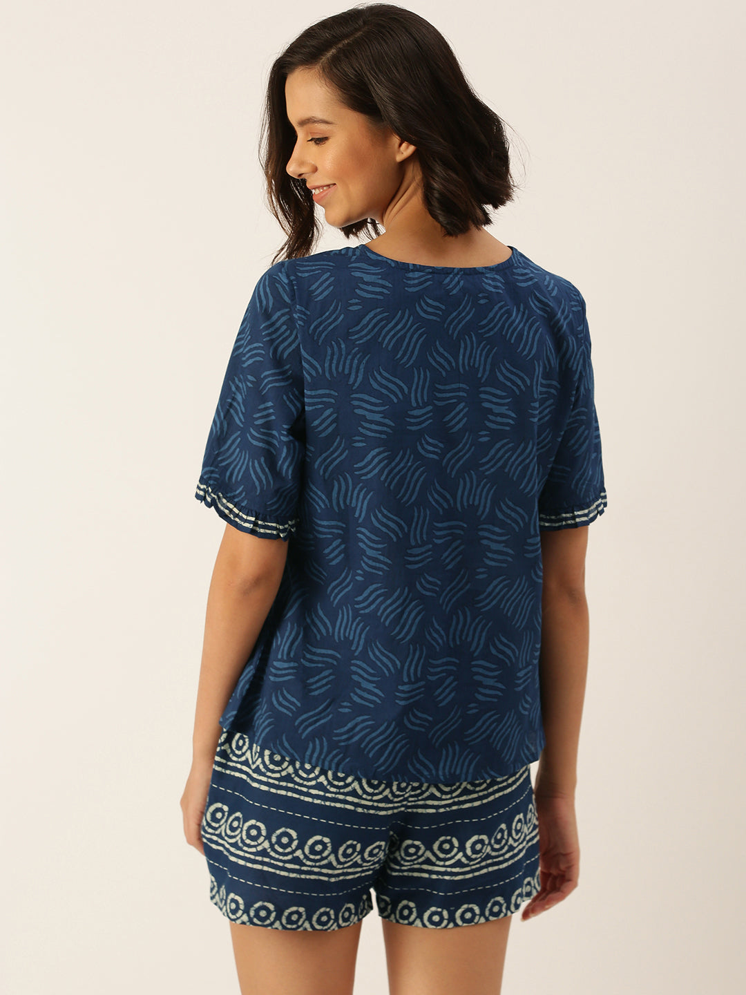 Women Abstract Blue Pure Cotton Printed night Suit Set