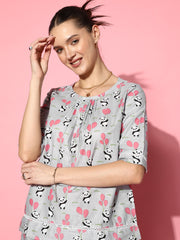 Women Grey & Pink Pure Cotton Panda Printed Night Suit Set