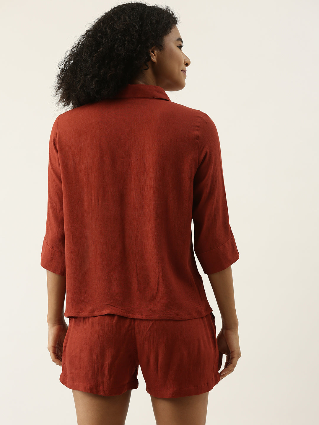 Women Rayon Solid Night Suit With Shorts In Rust Colour