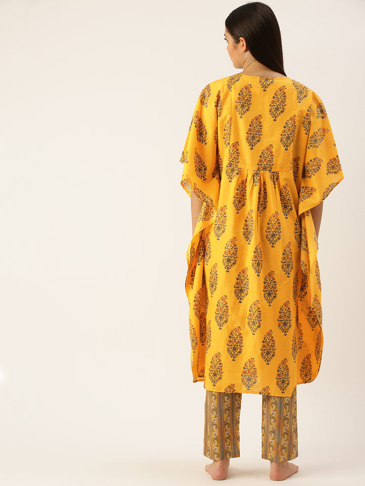 Women Yellow & Brown Pure Cotton Ethnic Motifs Printed Kaftan With Pyjama