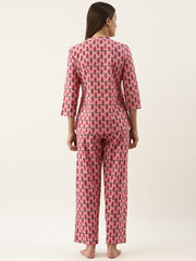 Women Pink Cotton Printed Night Suit Set with Payjama
