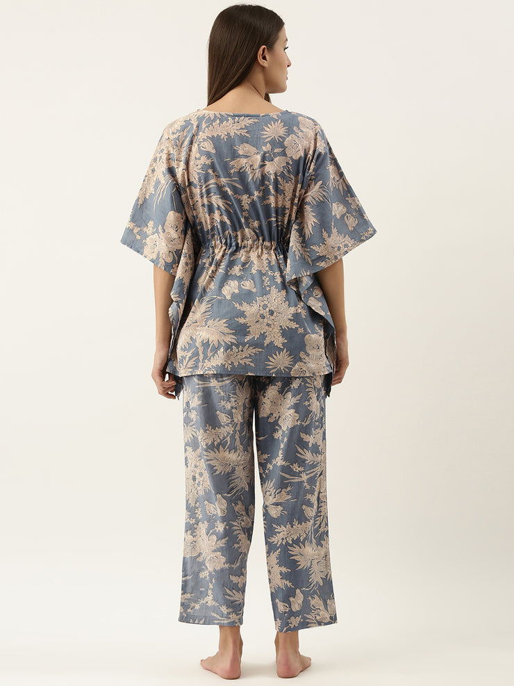 Powder Blue Cotton Printed Kaftan and Pajama Set