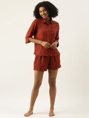 Women Rayon Solid Night Suit With Shorts In Rust Colour