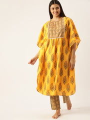 Women Yellow & Brown Pure Cotton Ethnic Motifs Printed Kaftan With Pyjama