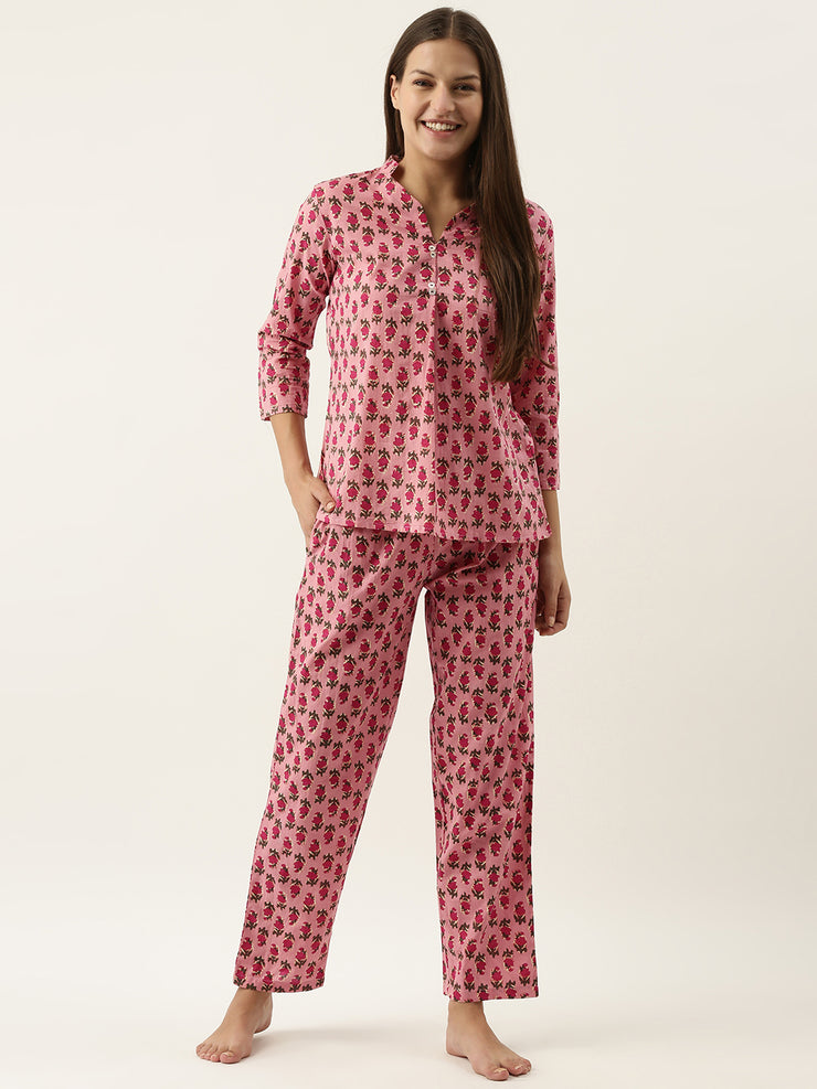 Women Pink Cotton Printed Night Suit Set with Payjama