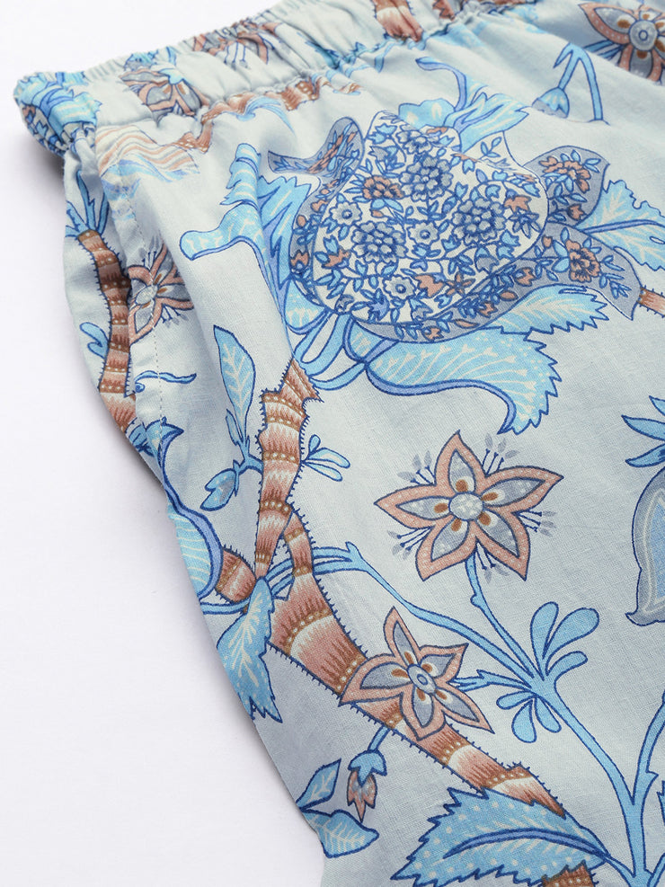 Grey & Blue Printed Cotton Night suit