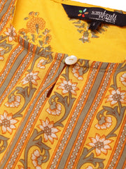 Women Yellow & Brown Pure Cotton Ethnic Motifs Printed Kaftan With Pyjama