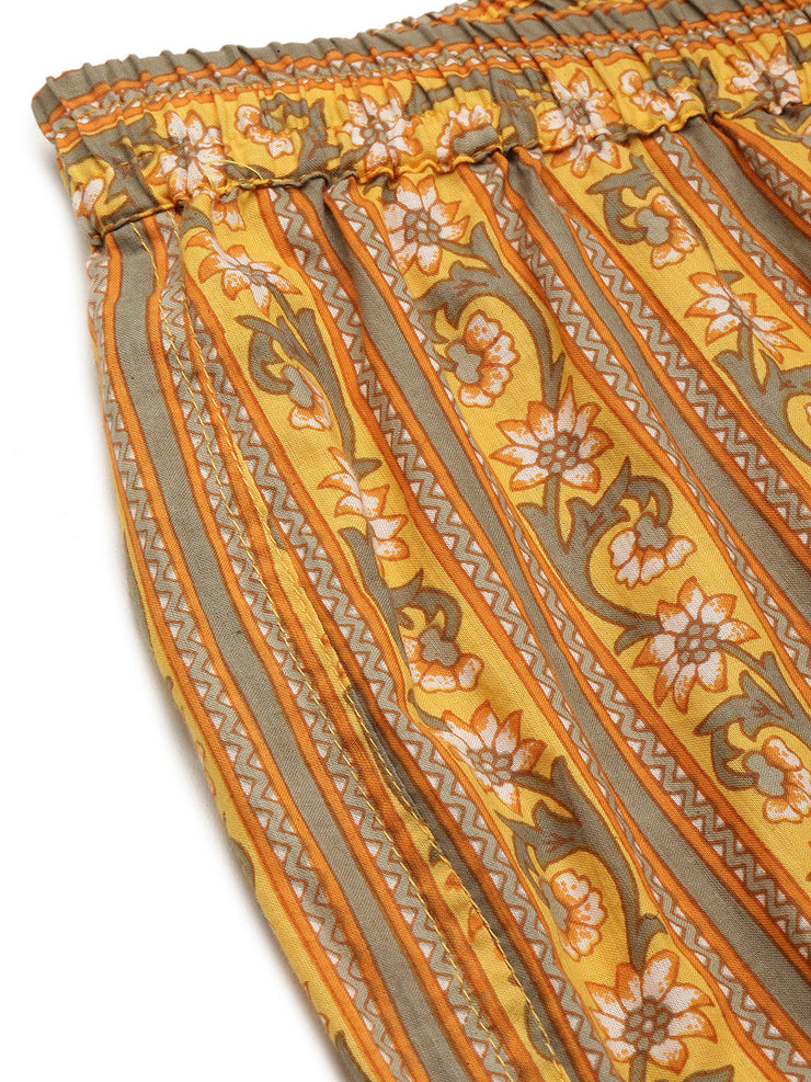 Women Yellow & Brown Pure Cotton Ethnic Motifs Printed Kaftan With Pyjama