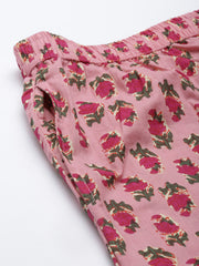 Women Pink Cotton Printed Night Suit Set with Payjama
