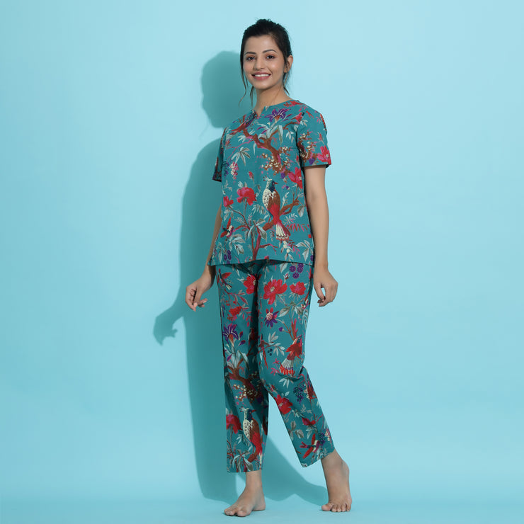 TEAL Green Cotton Printed Night Suit Set with Pajama