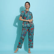 TEAL Green Cotton Printed Night Suit Set with Pajama