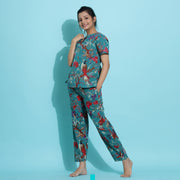 TEAL Green Cotton Printed Night Suit Set with Pajama