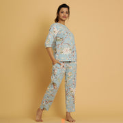 Sky Blue Cotton Printed Night Suit Set